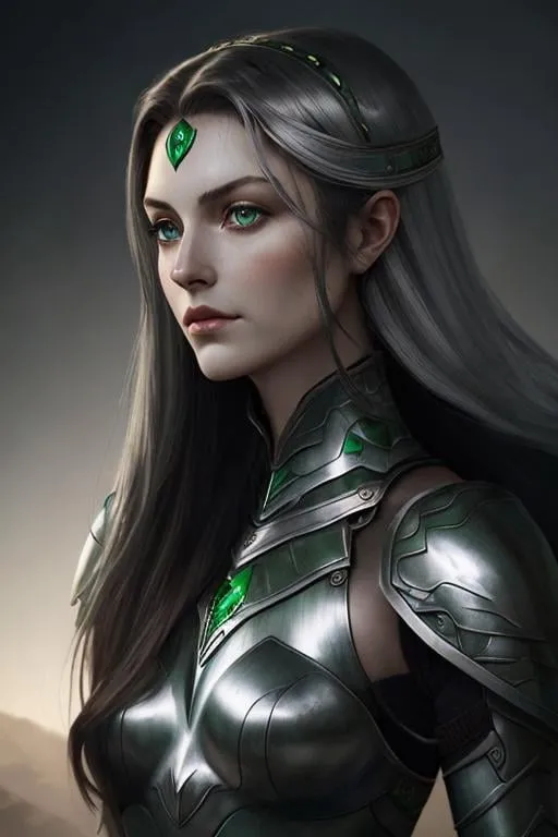 Prompt: dark hair green eyes noble woman gentle silver armor