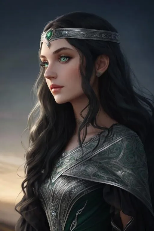 Prompt: dark wavy hair green eyes noble woman silver gown 