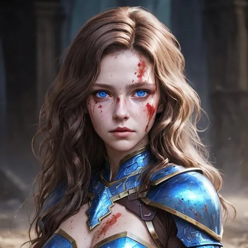 Prompt: Portrait of fantasy woman, medium wavy brown hair, blue eyes, armor, bloodied, dying