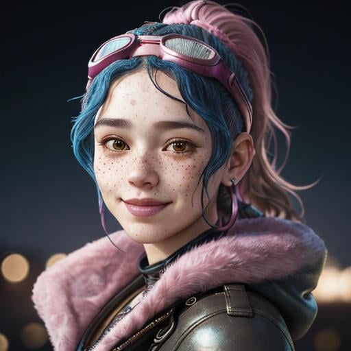 Prompt: Portrait of woman with blue wavy hair and with cute face, dark fantasy city background, perfect composition, hyperrealistic, super detailed, 8k, high quality, trending art, sharp focus, studio photo, eyes brown, freckles, smile, pink coat, aviator goggles headband, ponytail