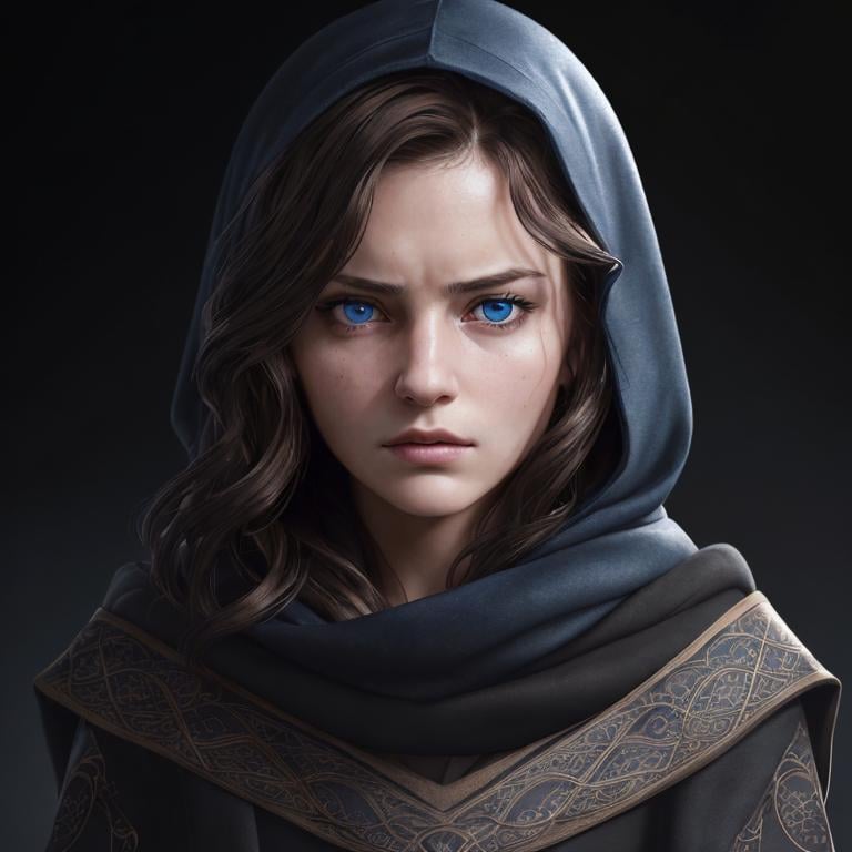 Prompt: Portrait of girl with short wavy brown hair and with elegant face, dark background, perfect composition, hyperrealistic, super detailed, 8k, high quality, trending art, sharp focus, intricate details, highly detailed, blue eyes, wearing a black hood, scarves, glaring angrily