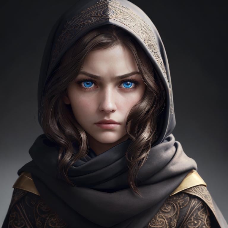 Prompt: Portrait of girl with short wavy brown hair and with elegant face, dark background, perfect composition, hyperrealistic, super detailed, 8k, high quality, trending art, sharp focus, intricate details, highly detailed, blue eyes, wearing a black hood, scarves, glaring angrily