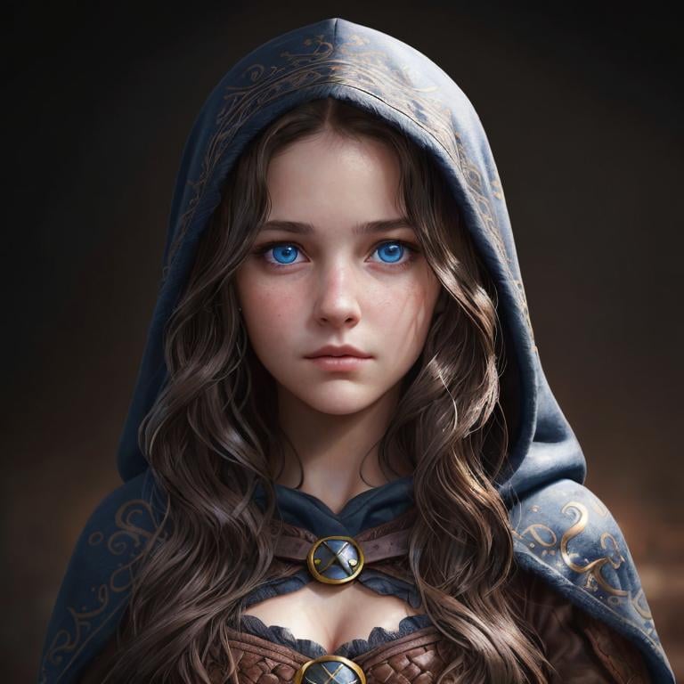 Prompt: Portrait of a girl with wavy brown hair and with cute face, dark tavern background, perfect composition, hyperrealistic, super detailed, 8k, high quality, trending art, sharp focus, intricate details, highly detailed, blue eyes, wearing a plain black hood, rogue