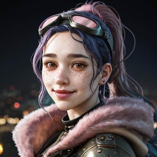 Prompt: Portrait of woman with blue wavy hair and with cute face, dark fantasy city background, perfect composition, hyperrealistic, super detailed, 8k, high quality, trending art, trending on artstation, sharp focus, studio photo, highly detailed, eyes brown, freckles, smile, pink coat, aviator goggles headband, ponytail