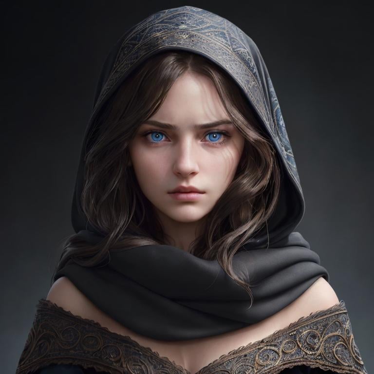 Prompt: Portrait of girl with long wavy brown hair and with elegant face, dark background, perfect composition, hyperrealistic, super detailed, 8k, high quality, trending art, sharp focus, intricate details, highly detailed, blue eyes, wearing a black hood, scarves, glaring angrily