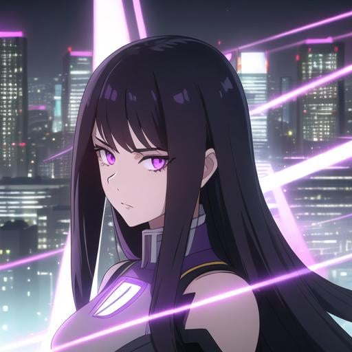 Prompt: Portrait of a teenage girl with long black hair and with cute face, cityscape, perfect composition, hyperrealistic, super detailed, 8k, high quality, trending art, sharp focus, intricate details, highly detailed, violet eyes, glowing purple powers, superhero, My Hero Academia