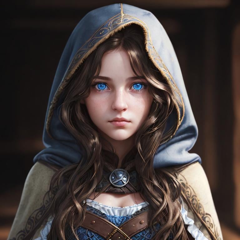 Prompt: Portrait of a girl with wavy brown hair and with cute face, dark tavern background, perfect composition, hyperrealistic, super detailed, 8k, high quality, trending art, sharp focus, intricate details, highly detailed, blue eyes, wearing a plain black hood, rogue