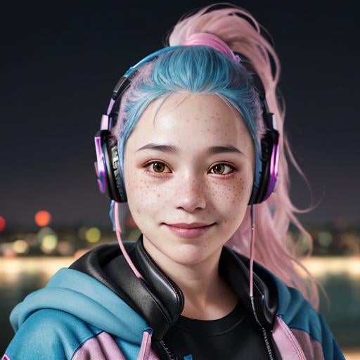 Prompt: Portrait of woman with blue wavy hair and with cute face, dark fantasy city background, perfect composition, hyperrealistic, super detailed, 8k, high quality, trending art, trending on artstation, sharp focus, studio photo, highly detailed, eyes brown, freckles, smile, pink jacket, chunky overhead headphones, ponytail