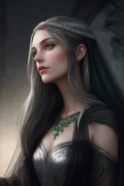 Prompt: dark hair green eyes noble woman gentle silver gown