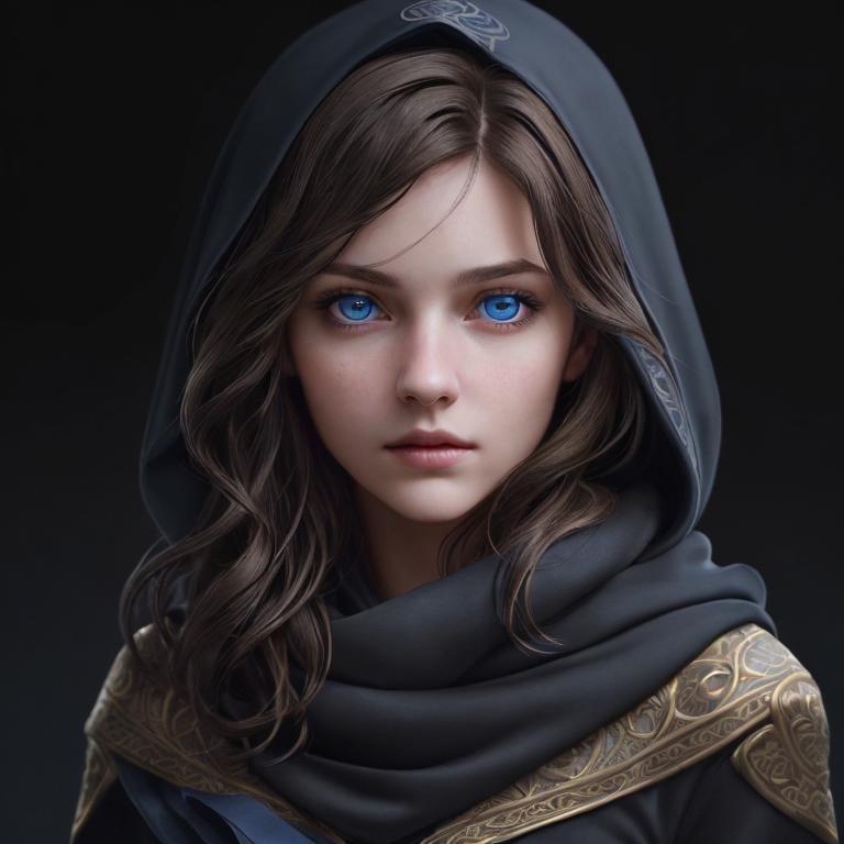 Prompt: Portrait of girl with short wavy brown hair and with elegant face, dark background, perfect composition, hyperrealistic, super detailed, 8k, high quality, trending art, sharp focus, intricate details, highly detailed, blue eyes, wearing a black hood, scarves, 