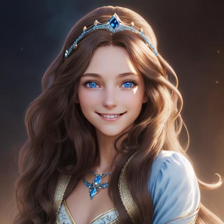 Prompt: fantasy long flowy wavy brown hair blue eyes royal tiara crown smiling
