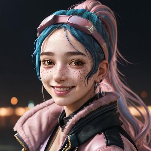 Prompt: Portrait of woman with blue wavy hair and with cute face, dark fantasy city background, perfect composition, hyperrealistic, super detailed, 8k, high quality, trending art, sharp focus, studio photo, eyes brown, pastel pink jacket, freckles, smile, aviator goggles headband, ponytail