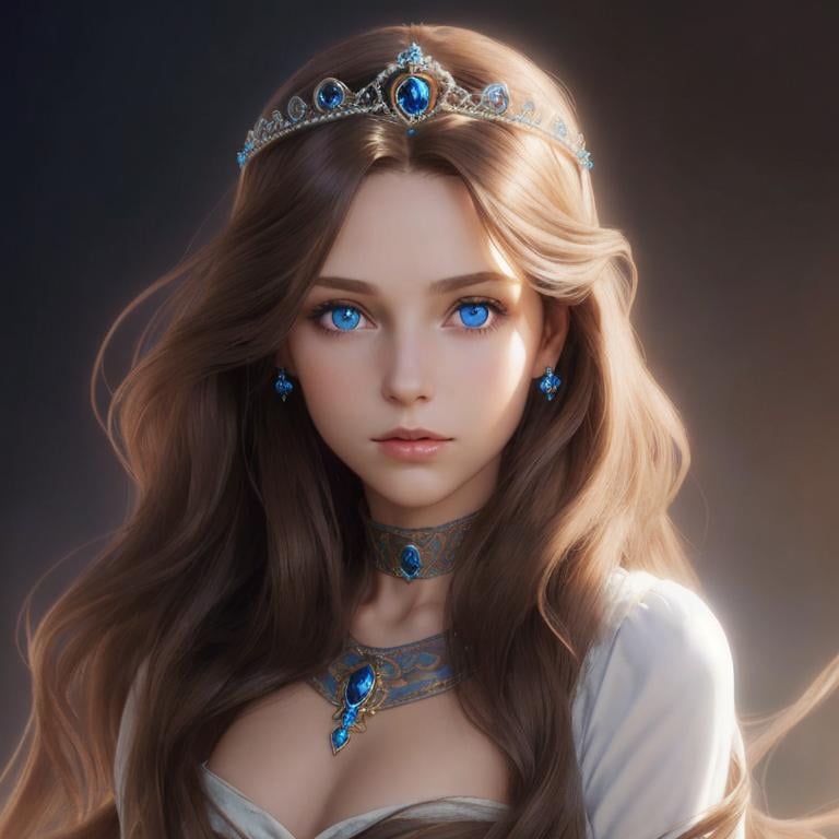 Prompt: fantasy long flowy wavy brown hair blue eyes royal tiara