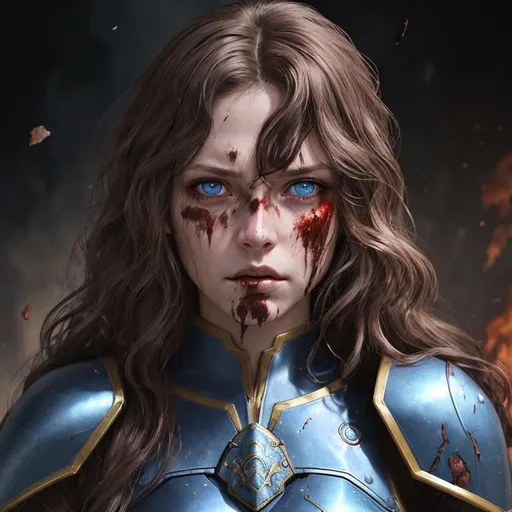 Prompt: Portrait of fantasy woman, medium wavy brown hair, blue eyes, armor, bloodied, rage, wounded