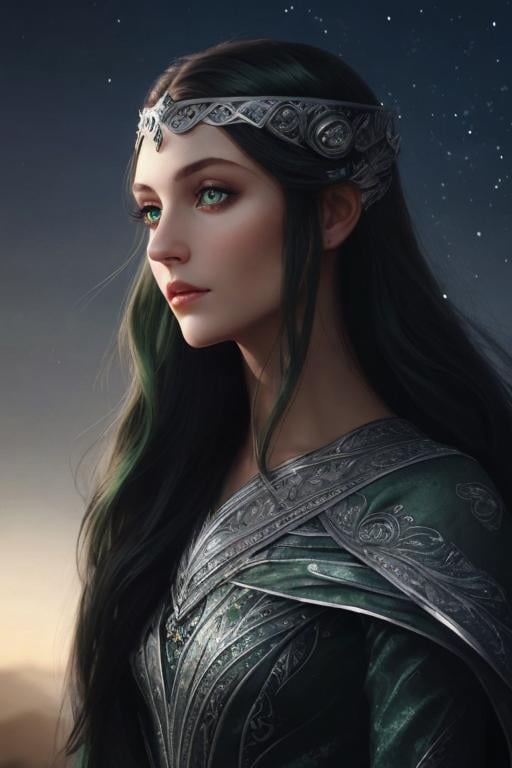 Prompt: dark hair green eyes noble woman silver gown 