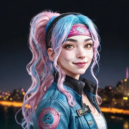 Prompt: Portrait of woman with blue wavy hair and with cute face, dark fantasy city background, perfect composition, hyperrealistic, super detailed, 8k, high quality, sharp focus, studio photo, highly detailed, eyes brown, freckles, smile, pink jacket, aviator goggles headband, ponytail, blue hair