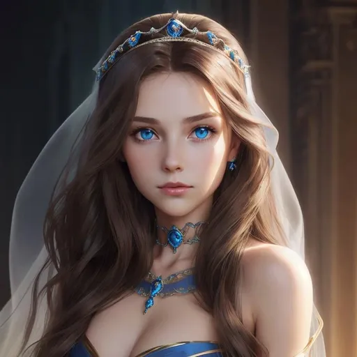 Prompt: fantasy long flowy wavy brown hair blue eyes royal tiara veil