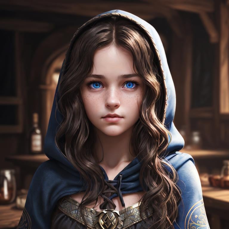 Prompt: Portrait of a girl with wavy brown hair and with cute face, dark tavern background, perfect composition, hyperrealistic, super detailed, 8k, high quality, trending art, sharp focus, intricate details, highly detailed, blue eyes, wearing a plain black hood, rogue