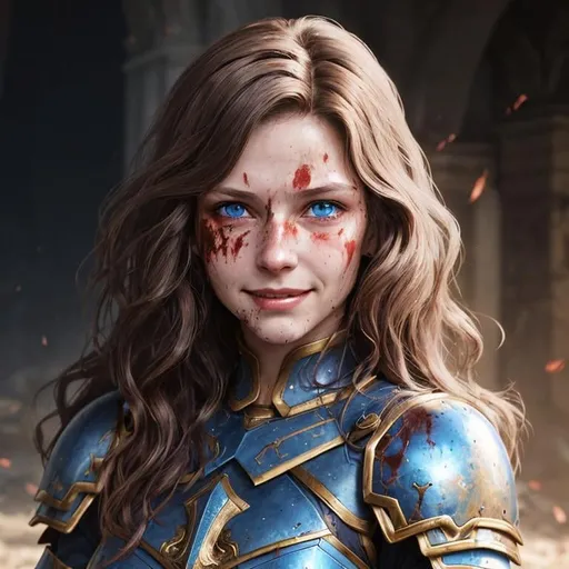 Prompt: Portrait of fantasy woman, medium wavy brown hair, blue eyes, armor, bloodied, rage, wounded, smile