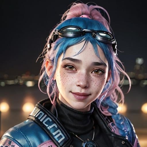 Prompt: Portrait of woman with blue wavy hair and with cute face, dark fantasy city background, perfect composition, hyperrealistic, super detailed, 8k, high quality, trending art, trending on artstation, sharp focus, studio photo, highly detailed, eyes brown, freckles, smile, pink jacket, aviator goggles on head, ponytail