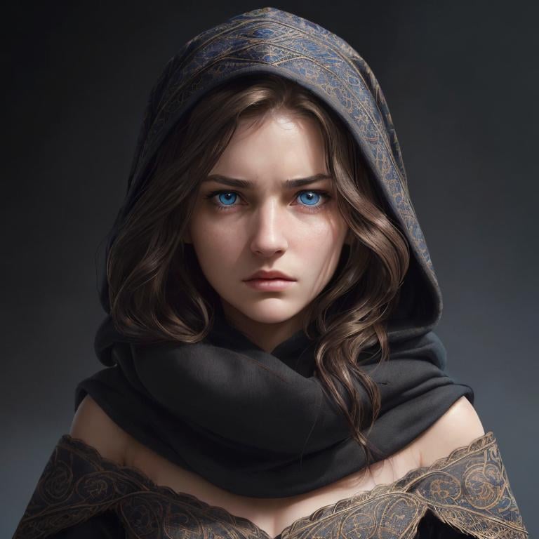 Prompt: Portrait of girl with wavy brown hair and with elegant face, dark background, perfect composition, hyperrealistic, super detailed, 8k, high quality, trending art, sharp focus, intricate details, highly detailed, blue eyes, wearing a black hood, scarves, glaring angrily