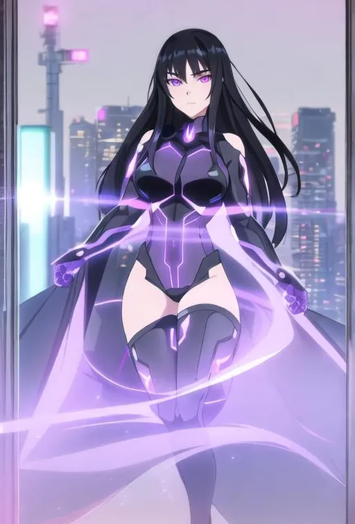 Prompt: Portrait of a teenage girl with long black hair and with cute face, modern city, perfect composition, hyperrealistic, super detailed, 8k, high quality, trending art, sharp focus, intricate details, highly detailed, violet eyes, glowing purple powers, superhero