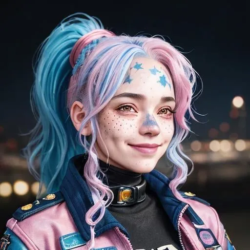 Prompt: Portrait of woman with blue wavy hair and with cute face, dark fantasy city background, perfect composition, hyperrealistic, super detailed, 8k, high quality, sharp focus, studio photo, highly detailed, eyes brown, freckles, smile, pink jacket, aviator goggles on head, ponytail, blue hair