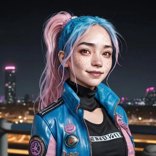 Prompt: Portrait of woman with blue wavy hair and with cute face, dark fantasy city background, perfect composition, hyperrealistic, super detailed, 8k, high quality, sharp focus, studio photo, highly detailed, eyes brown, freckles, smile, pink jacket, aviator goggles on head, ponytail