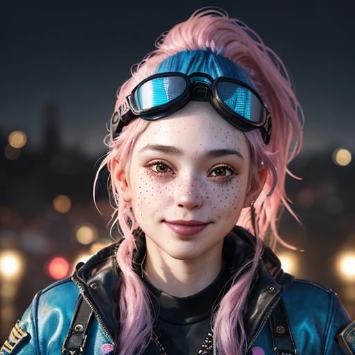 Prompt: Portrait of woman with blue wavy hair and with cute face, dark fantasy city background, perfect composition, hyperrealistic, super detailed, 8k, high quality, trending art, trending on artstation, sharp focus, studio photo, highly detailed, eyes brown, freckles, smile, pink jacket, aviator goggles on head, ponytail