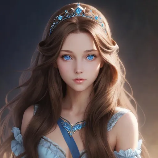 Prompt: fantasy long flowy brown hair blue eyes princess tiara