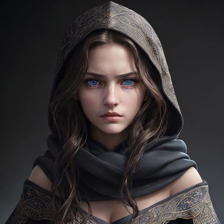 Prompt: Portrait of girl with long wavy brown hair and with elegant face, dark background, perfect composition, hyperrealistic, super detailed, 8k, high quality, trending art, sharp focus, intricate details, highly detailed, blue eyes, wearing a black hood, scarves, glaring angrily