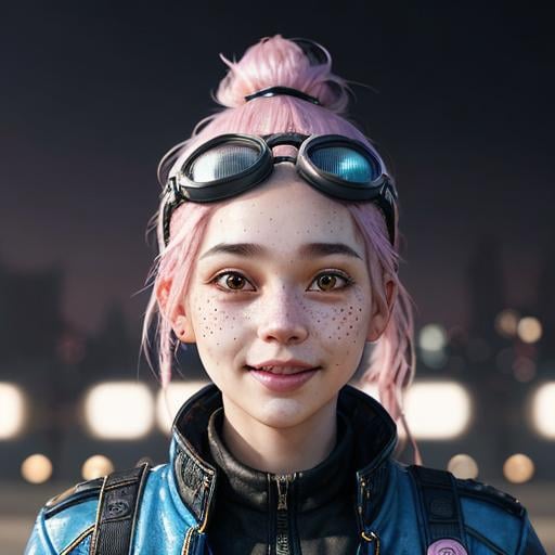 Prompt: Portrait of woman with blue wavy hair and with cute face, dark fantasy city background, perfect composition, hyperrealistic, super detailed, 8k, high quality, trending art, trending on artstation, sharp focus, studio photo, highly detailed, eyes brown, freckles, smile, pink jacket, aviator goggles on head, ponytail