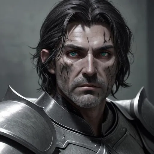 Prompt: elder knight muscles dark hair greying man green eyes scars stubble fighting