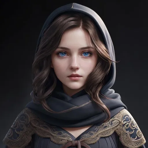 Prompt: Portrait of girl with short wavy brown hair and with elegant face, dark background, perfect composition, hyperrealistic, super detailed, 8k, high quality, trending art, sharp focus, intricate details, highly detailed, blue eyes, wearing a black hood, scarves, 