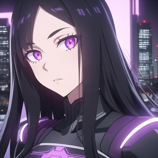 Prompt: Portrait of a girl with long black hair and with cute face, cityscape, perfect composition, hyperrealistic, super detailed, 8k, high quality, trending art, sharp focus, intricate details, highly detailed, violet eyes, glowing purple powers, superhero, My Hero Academia