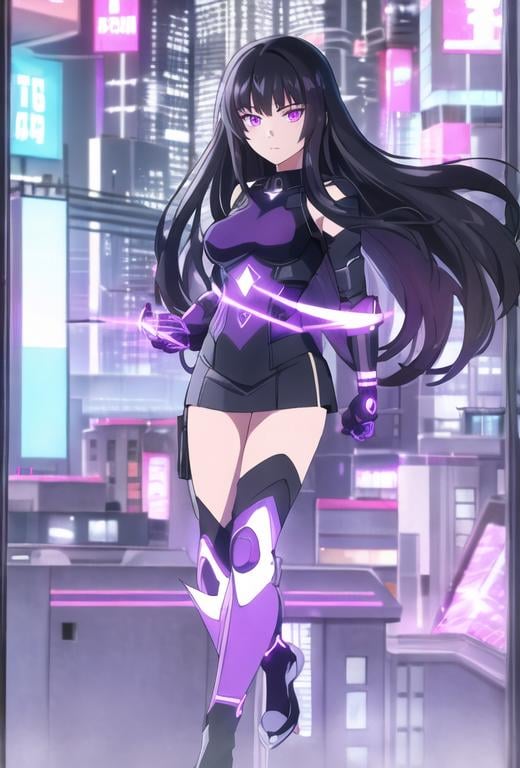Prompt: Portrait of a teenage girl with long black hair and with cute face, cityscape, perfect composition, hyperrealistic, super detailed, 8k, high quality, trending art, sharp focus, intricate details, highly detailed, violet eyes, glowing purple powers, superhero