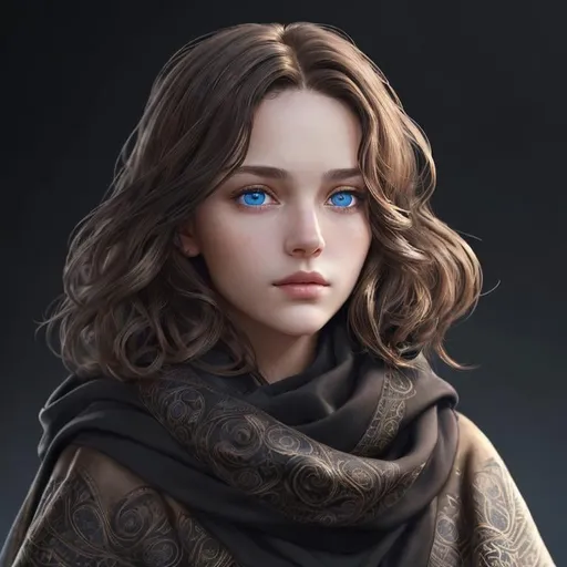 Prompt: Portrait of girl with semi-short wavy brown hair and with elegant face, dark background, perfect composition, hyperrealistic, super detailed, 8k, high quality, trending art, sharp focus, intricate details, highly detailed, blue eyes, wearing a black hood, scarves, 