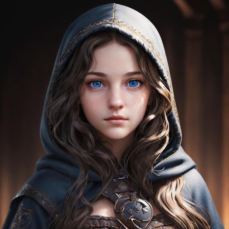 Prompt: Portrait of a girl with wavy brown hair and with cute face, dark tavern background, perfect composition, hyperrealistic, super detailed, 8k, high quality, trending art, sharp focus, intricate details, highly detailed, blue eyes, wearing a plain black hood, rogue