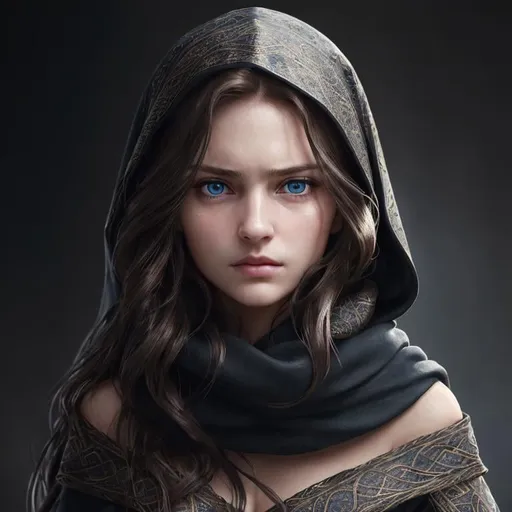 Prompt: Portrait of girl with long wavy brown hair and with elegant face, dark background, perfect composition, hyperrealistic, super detailed, 8k, high quality, trending art, sharp focus, intricate details, highly detailed, blue eyes, wearing a black hood, scarves, glaring angrily