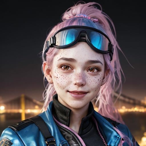 Prompt: Portrait of woman with blue wavy hair and with cute face, dark fantasy city background, perfect composition, hyperrealistic, super detailed, 8k, high quality, trending art, trending on artstation, sharp focus, studio photo, highly detailed, eyes brown, freckles, smile, pink jacket, aviator goggles on head, ponytail