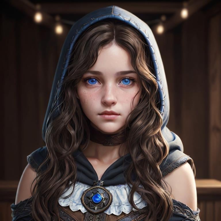 Prompt: Portrait of a girl with wavy brown hair and with cute face, dark tavern background, perfect composition, hyperrealistic, super detailed, 8k, high quality, trending art, sharp focus, intricate details, highly detailed, blue eyes, wearing a plain black hood, rogue