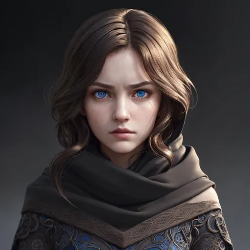 Prompt: Portrait of girl with short wavy brown hair and with elegant face, dark background, perfect composition, hyperrealistic, super detailed, 8k, high quality, trending art, sharp focus, intricate details, highly detailed, blue eyes, wearing a black hood, scarves, glaring angrily