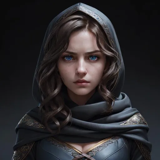 Prompt: Portrait of girl with short wavy brown hair and with elegant face, dark background, perfect composition, hyperrealistic, super detailed, 8k, high quality, trending art, sharp focus, intricate details, highly detailed, blue eyes, wearing a plain black hood, scarves, glaring angrily