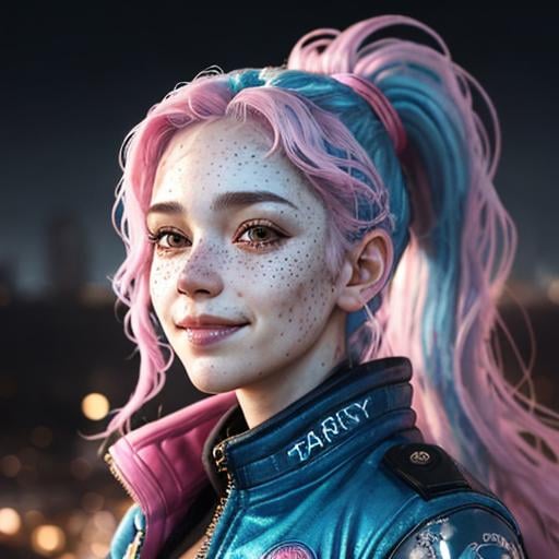 Prompt: Portrait of woman with blue wavy hair and with cute face, dark fantasy city background, perfect composition, hyperrealistic, super detailed, 8k, high quality, trending art, trending on artstation, sharp focus, studio photo, highly detailed, eyes brown, freckles, smile, pink jacket, aviator goggles on head, ponytail