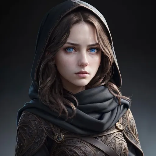 Prompt: Portrait of girl with short wavy brown hair and with elegant face, dark background, perfect composition, hyperrealistic, super detailed, 8k, high quality, trending art, sharp focus, intricate details, highly detailed, blue eyes, wearing a black hood, scarves, glaring angrily