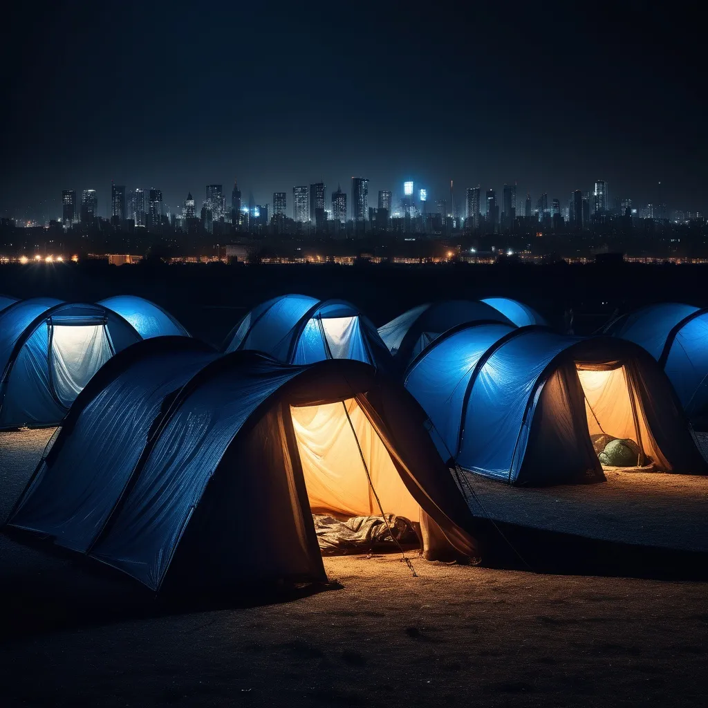 Prompt: A dimly lit refugee tent at night, with warm light glowing from inside, casting a shadow of a person standing behind the tent fabric. Surrounding the tent are other tents in a makeshift camp, with a city skyline faintly visible in the background. The scene is calm but carries a somber and reflective atmosphere. The overall lighting is dark with cool blue tones, except for the soft golden glow from inside the tent.