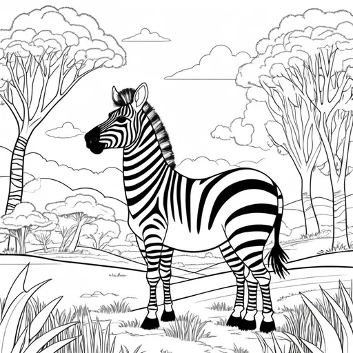 Prompt: white and Black pages for kids, theme: Coloring Page: "A cheerful zebra with bold stripes standing in an African landscape, surrounded by simple trees, grass, and clouds. Perfect for kids to color."