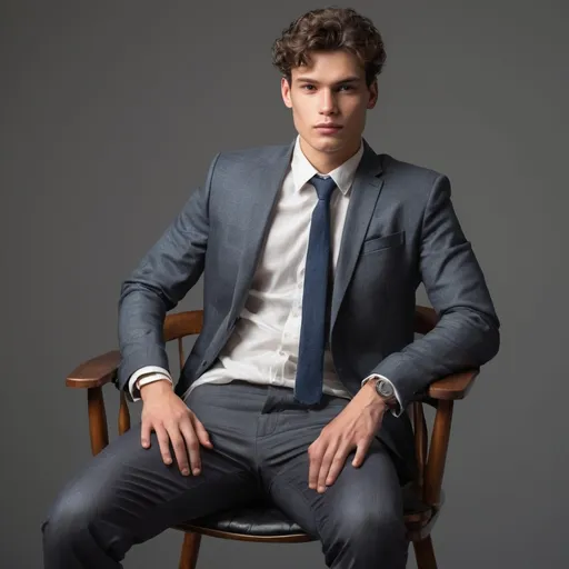 Prompt: Tall young man, sitting on a chair, detailed clothing, realistic, natural lighting, Buisnessman