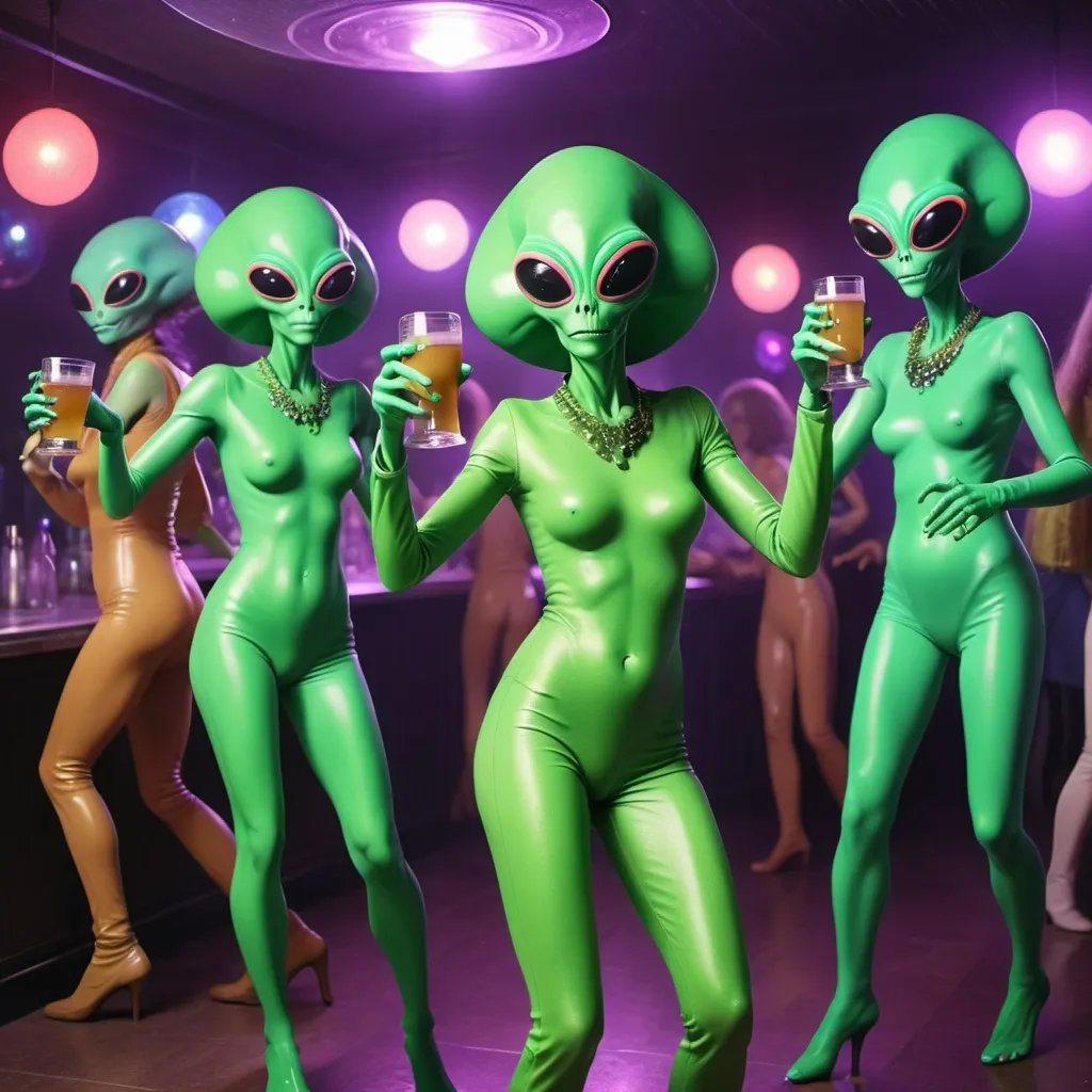 Prompt: middle age green female aliens with 70s clothing dancing and drinking in an alien disco