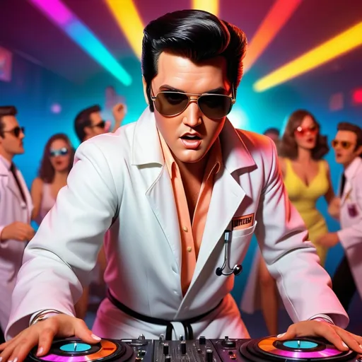 Prompt: (Elvis Presley DJ), wearing a (sunglasses) and (white doctor's lab coat) and (stethoscope), lively disco ambiance, dancing girls, neon lights, vibrant colors, chaotically dancing crowd, energetic atmosphere, vintage vinyl records spinning, (eye-catching) DJ booth, smoky backdrop, high detail, ultra-detailed, 4K resolution, captivating nightlife scene, playful yet glamorous, a mix of retro and modern vibes.